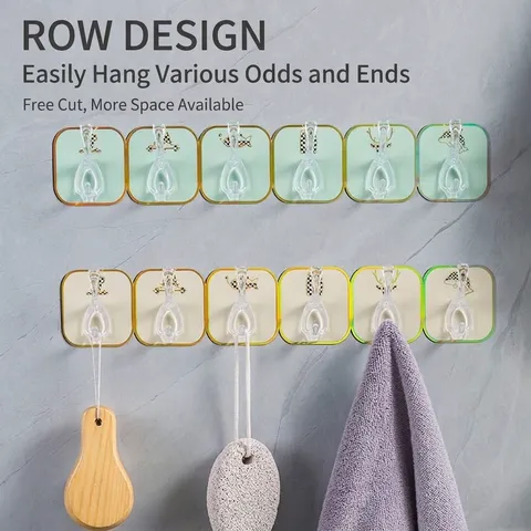 Strong Adhesive Row Hooks Wall Mounted No Drill Trimmable Transparent Hooks For Kitchen Bathroom Door Storage Organizer