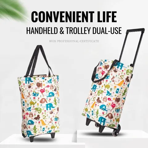 Carrito de Compras Plegable Portátil con Ruedas y Mango Telescópico Bolsa Trolley de PVC Impermeable con Patrones de Animales de Dibujos Animados para Ancianos