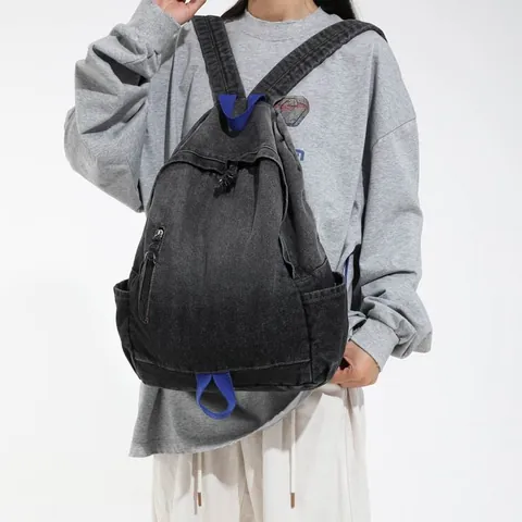 Retro Gradient Washed Denim Backpack For Women Men Large Capacity Distressed Student Schoolbag Korean Style Casual Travel Bag