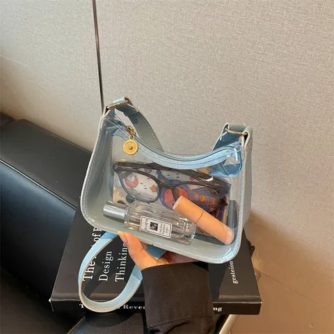 Sac à Épaule Tendance en PVC Transparent Style Gelée Sac Sous les Bras Tendance avec Coutures de Couleur Contrastée pour Femmes Voyage Décontracté