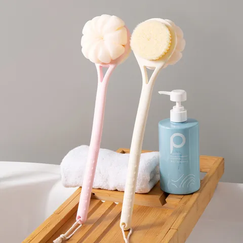 Long Handle Double-Sided Bath Brush 2-In-1 Body Scrubber With Soft Bristles And Mesh Bath Ball For Shower Cleaning Back Tool