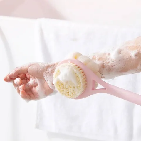 Long Handle Double-Sided Bath Brush 2-In-1 Body Scrubber With Soft Bristles And Mesh Bath Ball For Shower Cleaning Back Tool
