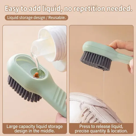Multifunctional Press Liquid Dispensing Shoe Brush Soft Bristle Cleaning Brush For Shoes Clothes Laundry Home Household Cleaning Tool