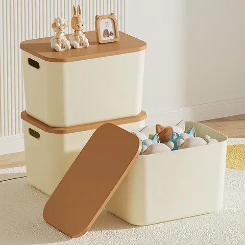 Cream Style Stackable Storage Box Multi-size Household Toy Snack Organizer With Lid PP Plastic Desktop Clothing Sorting Basket