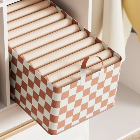 Checkerboard Non-Woven Fabric Storage Basket With Steel Frame Foldable Wardrobe Clothing Organizer For Pants Toys Closet