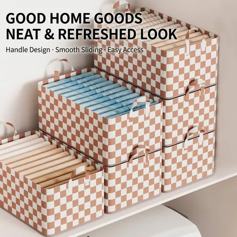 Checkerboard Non-Woven Fabric Storage Basket With Steel Frame Foldable Wardrobe Clothing Organizer For Pants Toys Closet