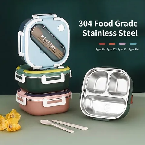 Fiambrera Térmica de Acero Inoxidable 304 Caja Bento Rectangular con Compartimentos y Tapa Contenedor de Comida para Oficina Escuela
