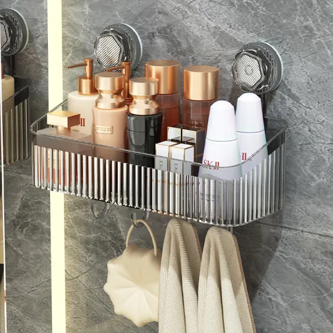 Lusso Leggero PET Scatola di Immagazzinaggio a Parete Ventosa Organizzatore Bagno Senza Perforazione Cesto da Toilette Con Ganci Strisce Verticali