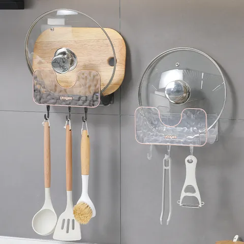 Support Couvercle Casserole PET Ondulation Fixation Murale Sans Perçage Porte-Planche à Découper Avec Crochets Organisateur de Cuisine