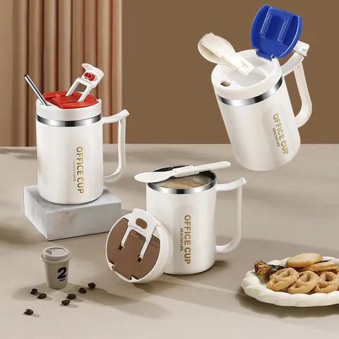 304 Stainless Steel Office Mug Insulated Coffee Cup With Lid Foldable Spoon Phone Holder Multi-functional Desktop Water Cup