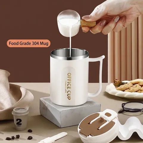 304 Stainless Steel Office Mug Insulated Coffee Cup With Lid Foldable Spoon Phone Holder Multi-functional Desktop Water Cup