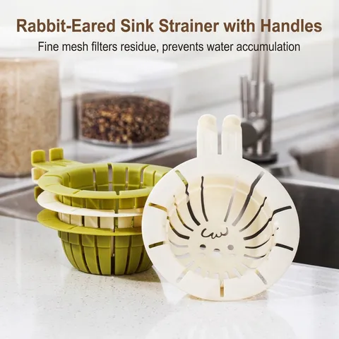 Rabbit Ear Handle Kitchen Sink Filter Basket Plastic Drain Strainer For Kitchen Waste Creamy White Green PP Plastic Food Catcher