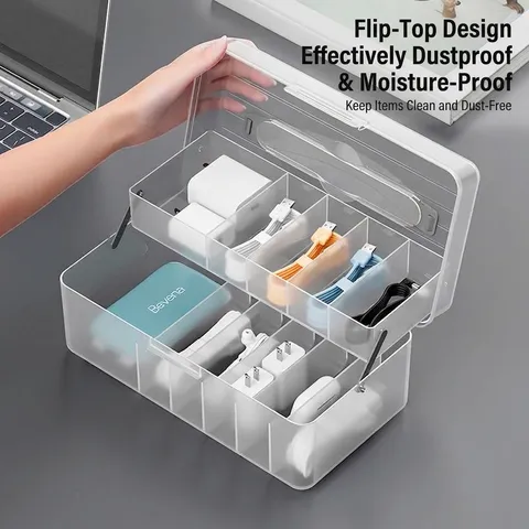 Desktop Data Cable Storage Box With Lid Transparent Plastic Multi-Grid Charger Head Earphone Wire Organizer Case Dustproof Desk Management Box