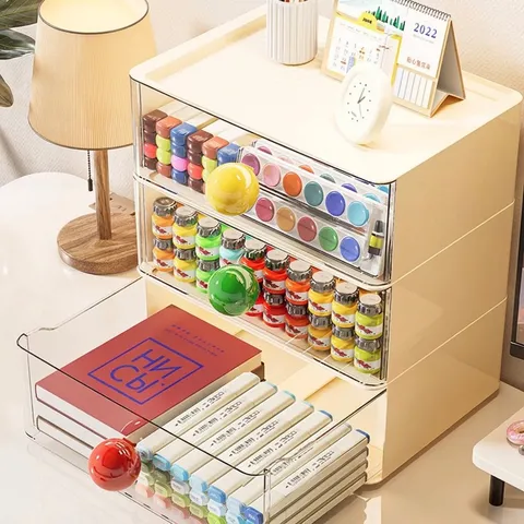 Stackable Desktop Drawer Storage Box Transparent PP PET Organizer With Colorful Ball Handle For Office Stationery Cosmetics