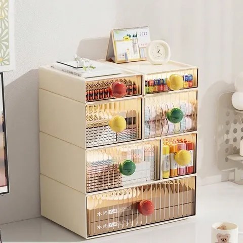 PET Stackable Drawer Storage Box With Colored Round Handle Transparent Desktop Organizer For Cosmetics Toys Stationery