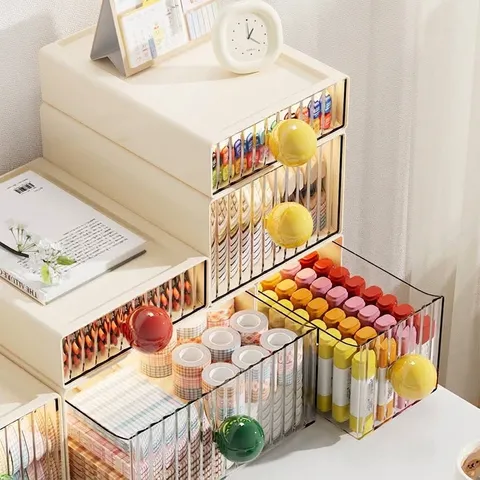 PET Stackable Drawer Storage Box With Colored Round Handle Transparent Desktop Organizer For Cosmetics Toys Stationery