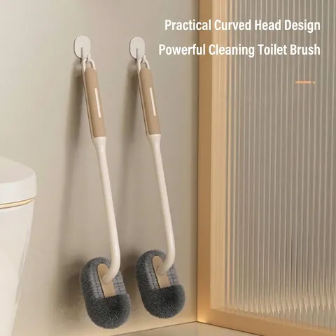 Long Handle Toilet Brush With Curved Head Design Wall Mounted Bathroom Cleaning Scrubber Brush Plastic PP Soft Bristle Deep Cleaning Tool