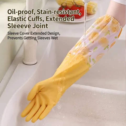 Guanti per Pulizia Domestica in Gomma Naturale Lunghi Impermeabili Foderati in Pile Guanti da Cucina Stampa Frutta Polsino per Lavori Domestici Donna