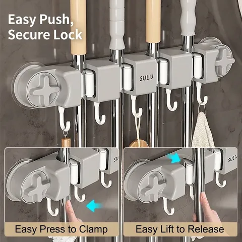 Wall Mounted Vacuum Suction Mop Holder With Hooks Multipurpose Broom Organizer For Kitchen Bathroom No Drill Storage Rack