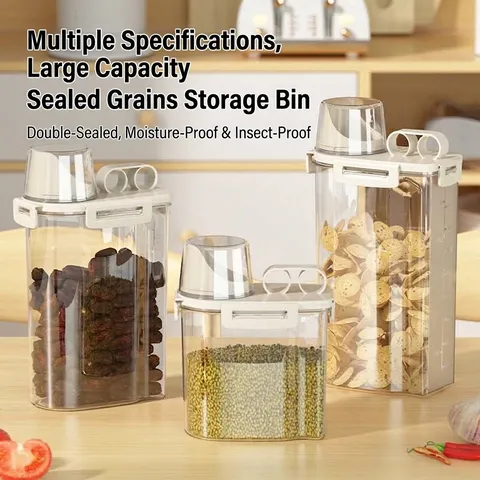 Récipient de Stockage de Céréales Transparent de Qualité Alimentaire Boîte à Grains Hermétique Bocal Scellé avec Verre Doseur Poignée Organisateur de Cuisine
