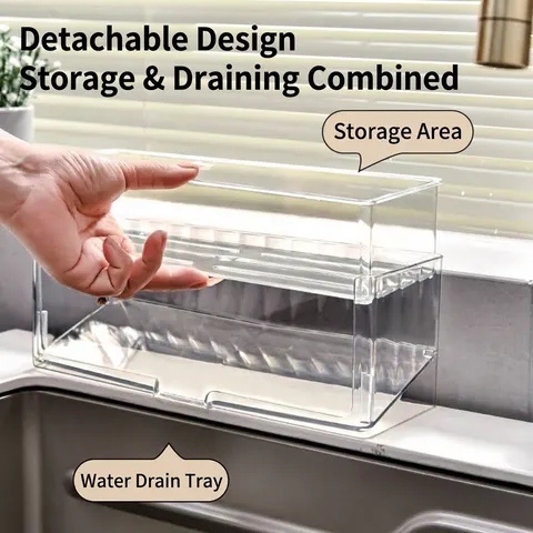 Transparent Kitchen Sink Caddy Organizer With Inclined Drain Tray PET Plastic Storage Rack For Sponge Dish Soap Cloth Modern Minimalist Home Kitchen Organization