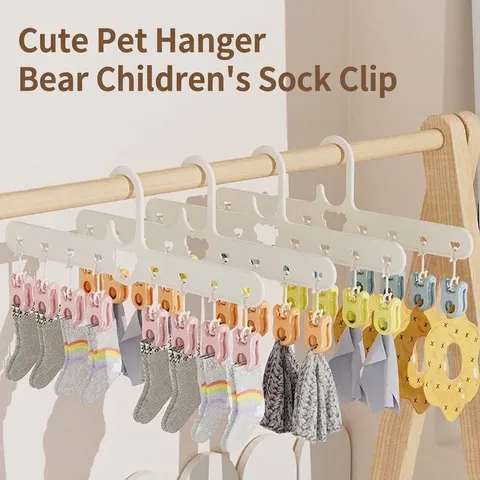 Creative Bear Multi-Clip Sock Drying Rack PP Plastic Windproof Stackable Hanger Cute Cartoon Baby Nursery Laundry Clothes Organizer