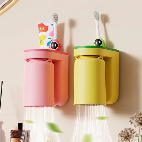 Porte-brosse à Dents Mural Avec Gobelet de Rinçage Sans Perçage Support de Rangement de Salle de Bain en PP Organisateur