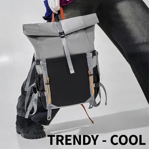 Minimalist Oxford Cloth Roll Top Laptop Backpack Unisex Contrast Color Large Capacity Travel Bag Wear Resistant Outdoor Backpack