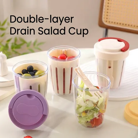 Tazza da Insalata Portatile con Forchetta e Cestello Drenante Doppio Strato Ermetico Tazza da Colazione Contenitore in Plastica