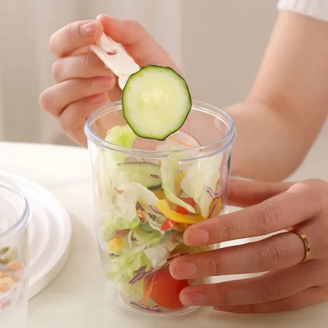 Tazza da Insalata Portatile con Forchetta e Cestello Drenante Doppio Strato Ermetico Tazza da Colazione Contenitore in Plastica