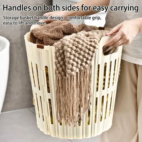 Large Foldable Laundry Basket Plastic Hollow Out Storage Bin With Portable Handles For Dirty Clothes Toys Bathroom Balcony Storage