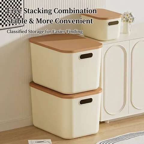 Stackable Plastic Storage Box With Lid Cream Style Multi-size Toy Snack Organizer Container For Home Bedroom Office Closet