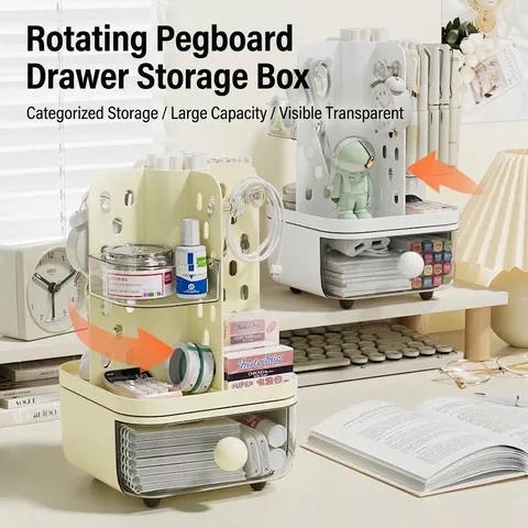 Rotating Desktop Organizer With Pegboard Drawers Multifunctional Stationery Storage Box For Office School Home Supplies