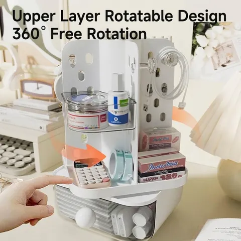 Rotating Desktop Organizer With Pegboard Drawers Multifunctional Stationery Storage Box For Office School Home Supplies