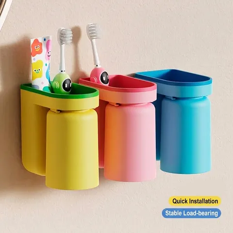 Porte-brosse à Dents Mural Avec Gobelet de Rinçage Sans Perçage Support de Rangement de Salle de Bain en PP Organisateur