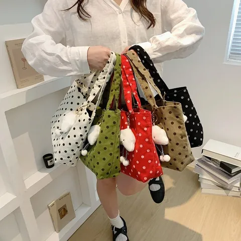 Borsa Tote da Donna Casual in Velluto a Coste con Stampa a Pois Borsa a Spalla ad Alta Capacità con Ciondolo a Nuvola