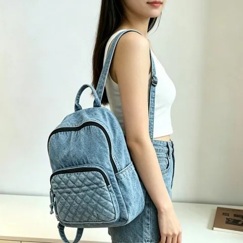 Women Casual Washed Denim Backpack Fashion Quilted Rhombic Travel Rucksack Lightweight Shoulder Handbag For Ladies Girls