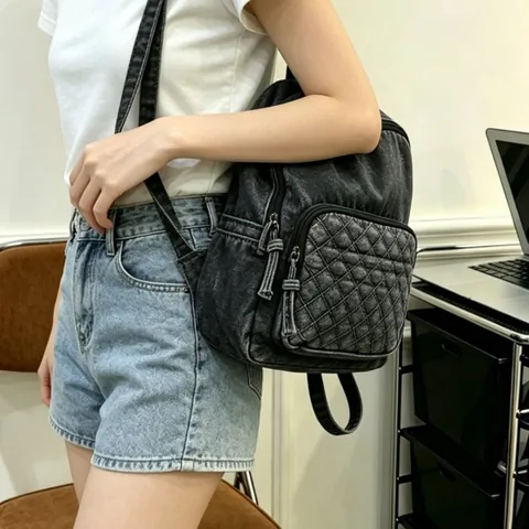 Women Casual Washed Denim Backpack Fashion Quilted Rhombic Travel Rucksack Lightweight Shoulder Handbag For Ladies Girls