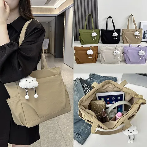Borsa Tote Grande Capacità da Donna Borsa a Spalla in Nylon Tela Stile Coreano Tinta Unita Cartella con Ciondolo a Nuvola di Peluche