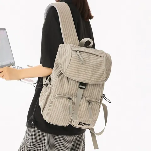 Koreanischer Streetstyle Karierter Nylon Rucksack Für Damen Leichter Wasserabweisender Pendler Schulranzen Für 13 Zoll Laptop