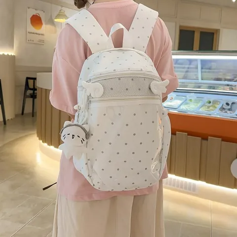 Cute Polka Dot Nylon School Backpack For Women With Angel Wings And Plush Cat Pendant Waterproof Ita Bag Daily Travel Laptop Daypack