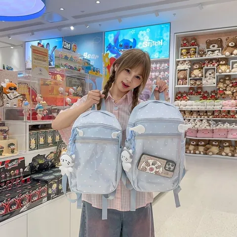 Cute Polka Dot Nylon School Backpack For Women With Angel Wings And Plush Cat Pendant Waterproof Ita Bag Daily Travel Laptop Daypack