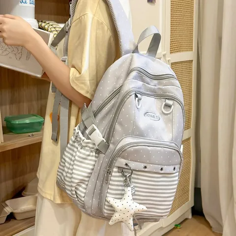 Preppy Style School Bag Lightweight Polka Dot Stripe Patchwork Nylon Backpack For Teen Girls Students Commuter Travel Backpack With Star Pendant