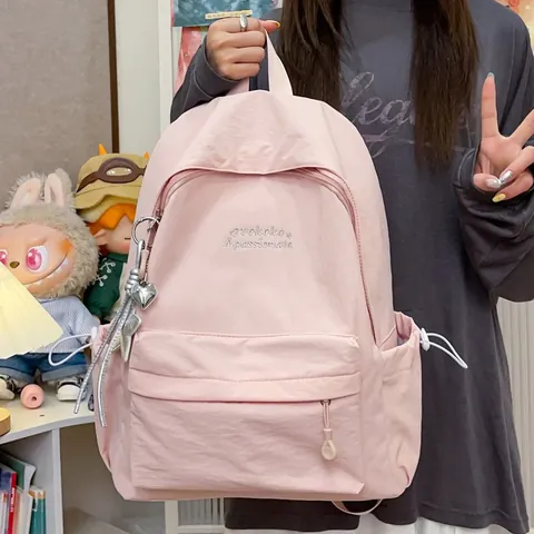 Lightweight Nylon Backpack Minimalist Solid Color Student School Bag For University Women Casual Outing Embroidery Backpack