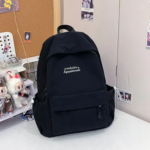 Lightweight Nylon Backpack Minimalist Solid Color Student School Bag For University Women Casual Outing Embroidery Backpack