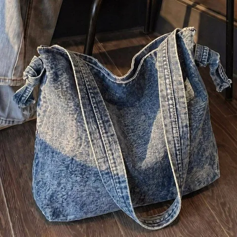 Vintage Washed Denim Crossbody Bag For Women Large Capacity Messenger Bag Retro Denim Shoulder Bag Casual Daily Student Bag