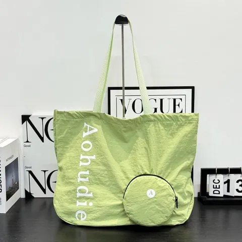 Women Large Capacity Washed Nylon Tote Bag Fashion Casual Foldable Shoulder Bag With Matching Round Pouch Lightweight Travel Bag