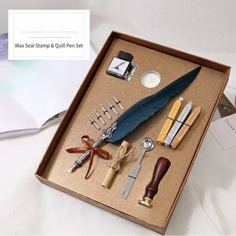 Piuma d'Oca Retro Europea Kit Timbro Ceralacca Penna Calligrafica con Inchiostro e Pennini Collezione Regalo