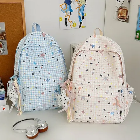 Japanischer Stil Süß Sternenkaros Rucksack Für Damen Große Kapazität Nylon Schultasche Für Mittelschule Studenten Mode Reise Tagesrucksack