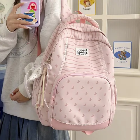 Zaino per Studenti Leggero di Grande Capacità a Righe con Stampa a Farfalla in Nylon Borsa da Scuola per Ragazze Zaino da Viaggio All'aperto